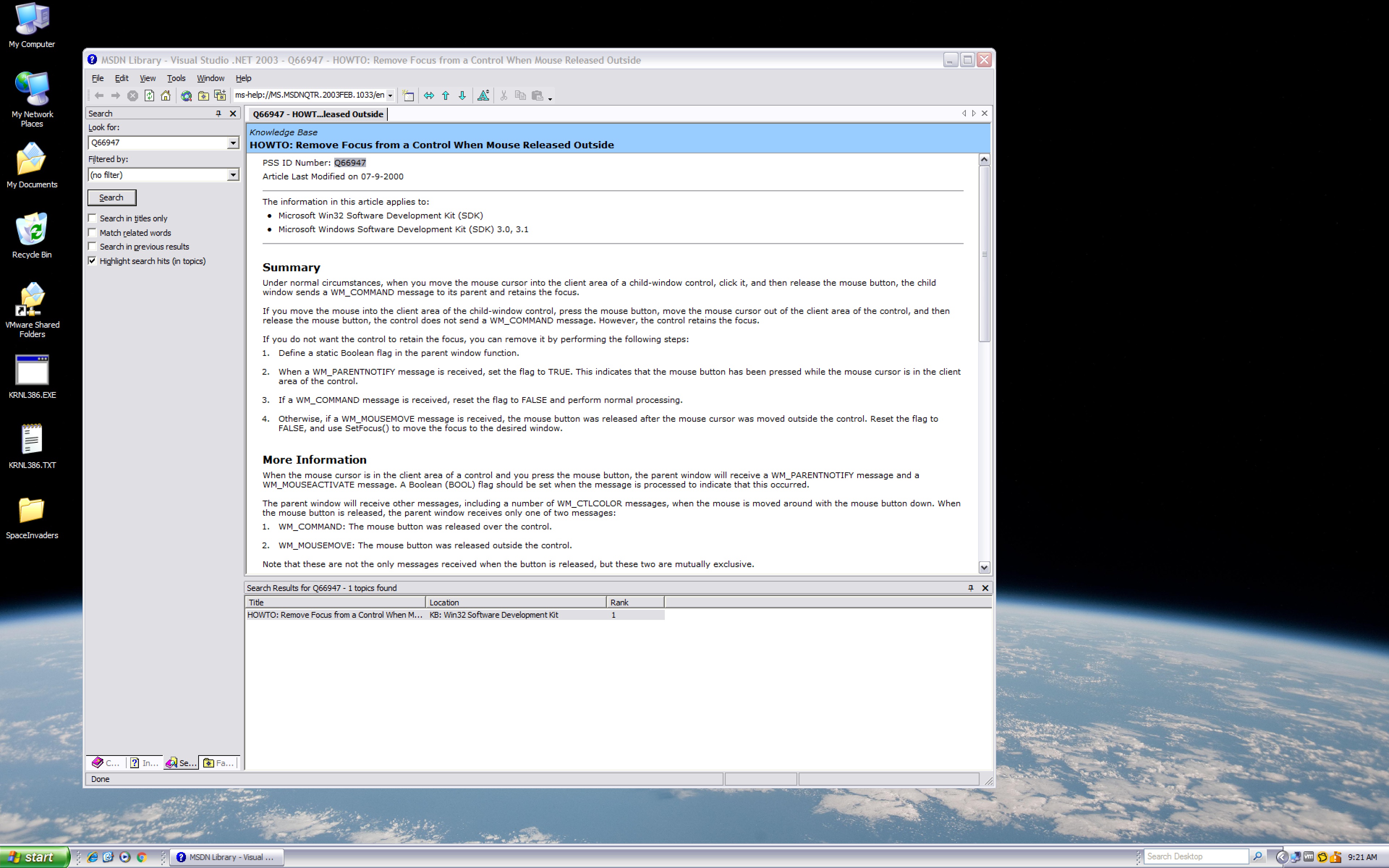Screenshot of Microsoft Visual Studio 2003 MSDN Library