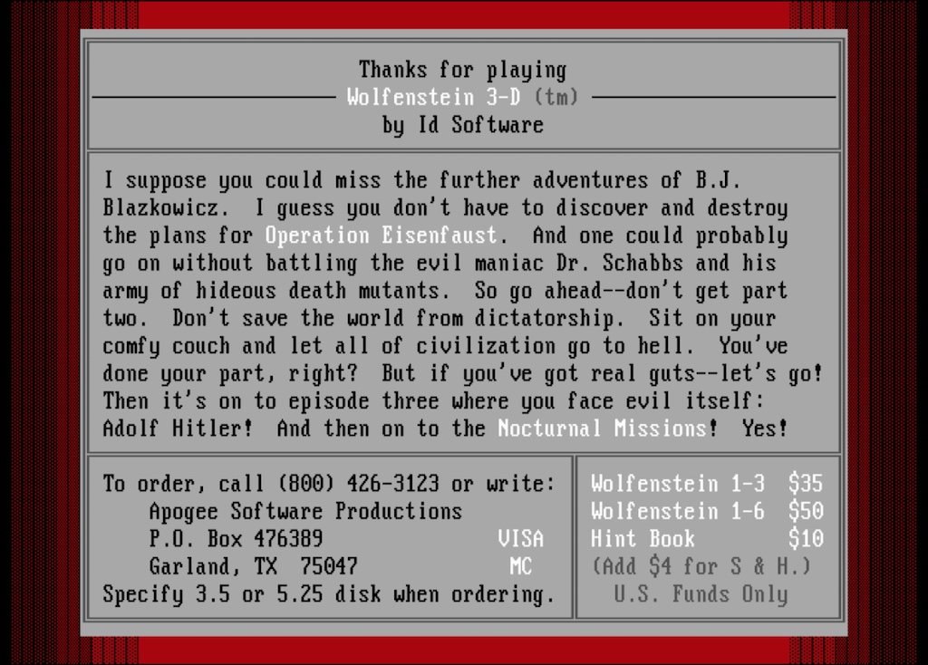 Wolfenstein 3D 1.4 Closing Screenshot