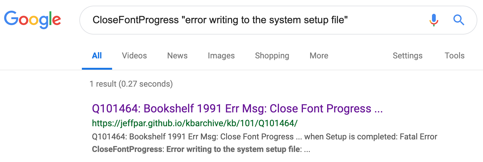 CloseFontProgress "error writing to the system setup file"