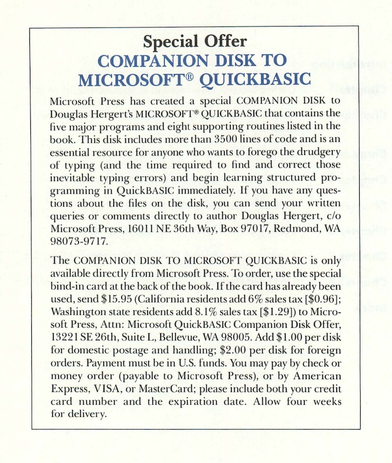 Microsoft QuickBASIC Companion Disk Offer