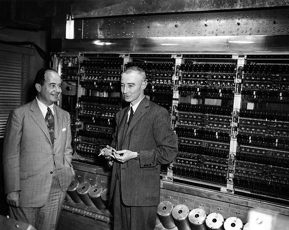 Robert Oppenheimer (right) with John von Neumann in front of the Electronic Computer Project’s ENIAC machine, ca. 1952.